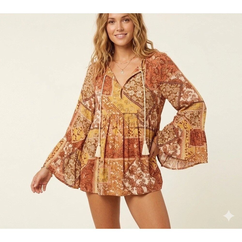 NWT Rip curl Tassel Bell Sleeve Top Blouse Boho Beach Surf SMALL Rust NEW